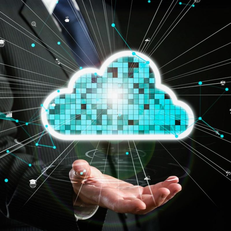 Businessman show hologram of cloud computing network allusive technology